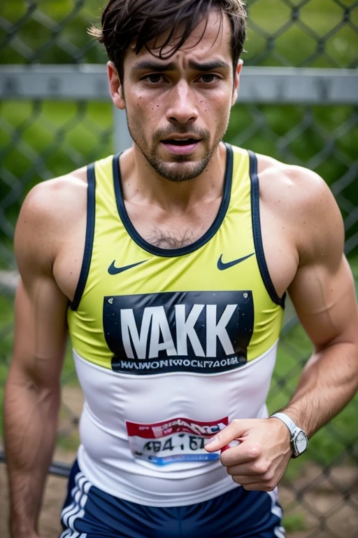 A weary male marathon runner, drenched in sweat, leans against a fence with one hand, while bringing a water bottle to his parched lips with the other. His eyes are closed, exhausted from the grueling race. Perspiration trickles down his face as he quenches his thirst, taking deep breaths to steady himself. His singlet is stained with sweat, and his shorts are plastered to his legs. His expression is one of relief and determination, as he readies himself for the final stretch. His shoes are caked with mud, adding to the evidence of his journey. The background showcases the throng of runners and supporters, all striving for their personal victories