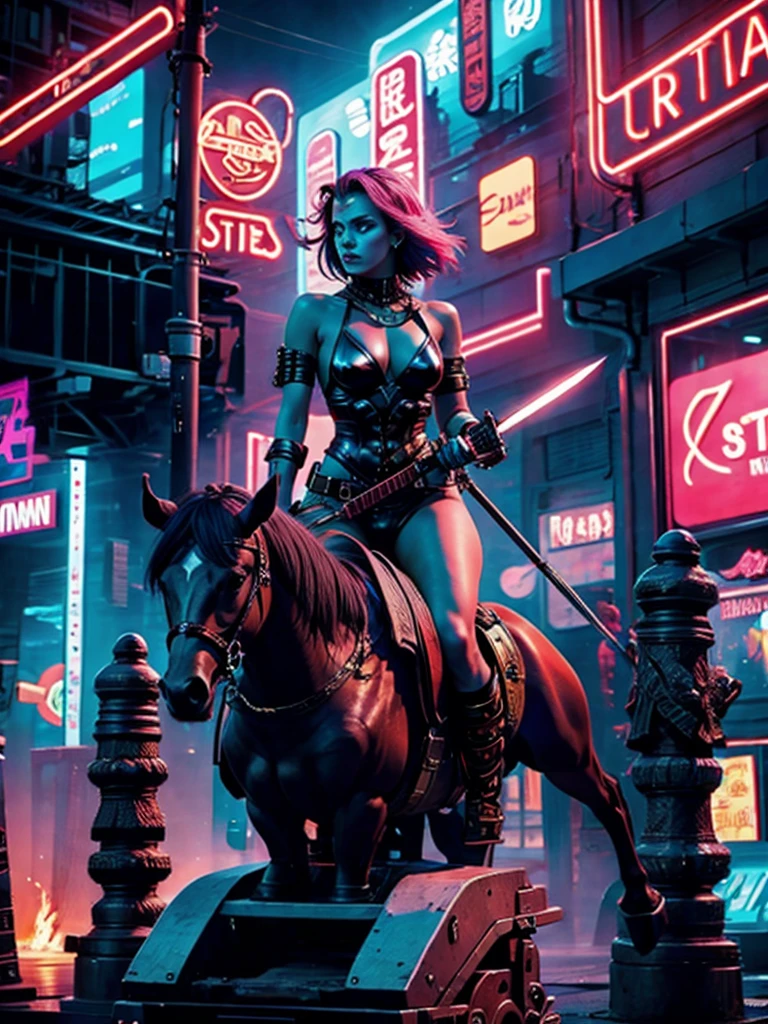 Year 2385 - A futuristic NUDE Barbarian Girl With sword, on a horse, Rides through City. Style Neon Punk.