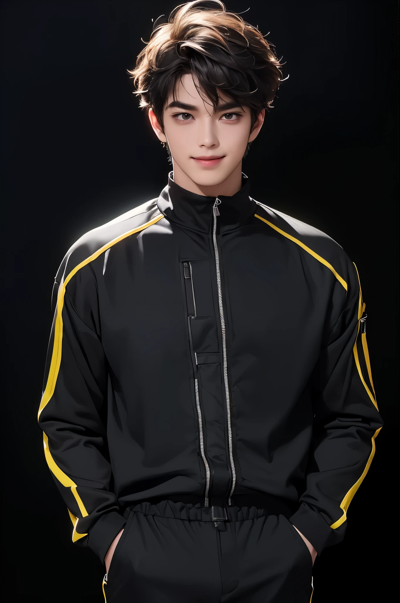(4K works))、((warm bright light)), masterpiece、(top-quality)、((Black background))、Korean Male、Adult male、((Adult 35 years old))、((Adult uncle type)), ((training suit zipped up to neck))、Cool Men、tall、((Wild features))、((Wild look))、((Long sleeve long trouser style))、((Smaller face))、Slim body、(((short-haired)))、((Shot alone))、((Solo Photography))、Professional Photos, ((He is in front of the viewer))、((Upper body photography)), ((Sick Boys))、((Mine Boys)) ((Mine photo))、((sassy pose)), ((smile)), ((messy hair)), ((seductive)), ((hands in pockets)), ((mischievous face)), ((no skin showing)), ((realistic seductive smiling expression))