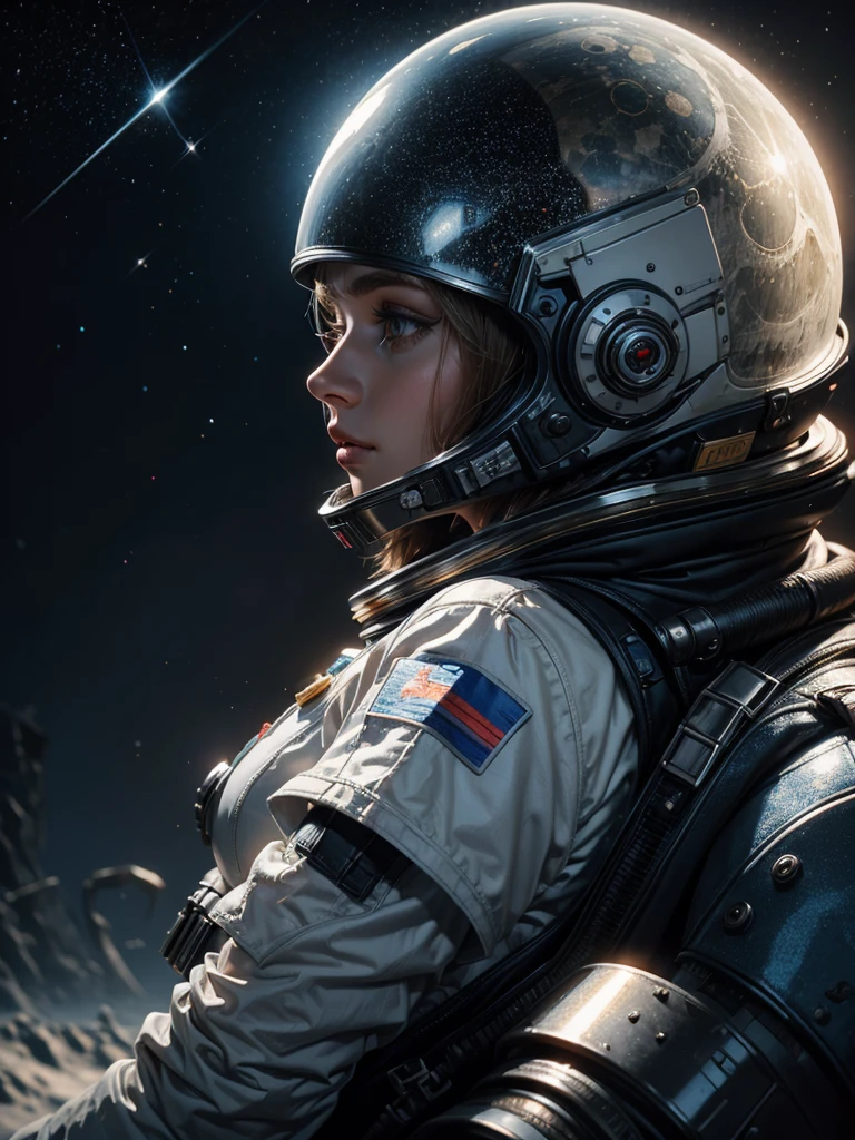 Eine epische Szene,Auf dem Mond, A beautiful female soviet Astronaut is in front her moonrover Mondlandschaft,,fotorealistisch, ultrarealistisch, hochdetailliert, von Greg Rutkowski und Jean Ansell ,glittering, She wears an astronaut suit with a helmet in various model positions, sowjetisch,