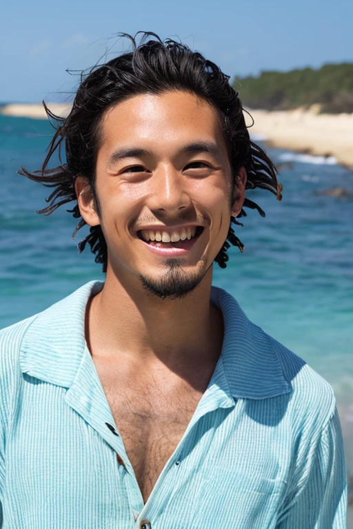 male ID photo straight Japanese 25 years old reggae two block hair sunburn dark skin laughing surfer