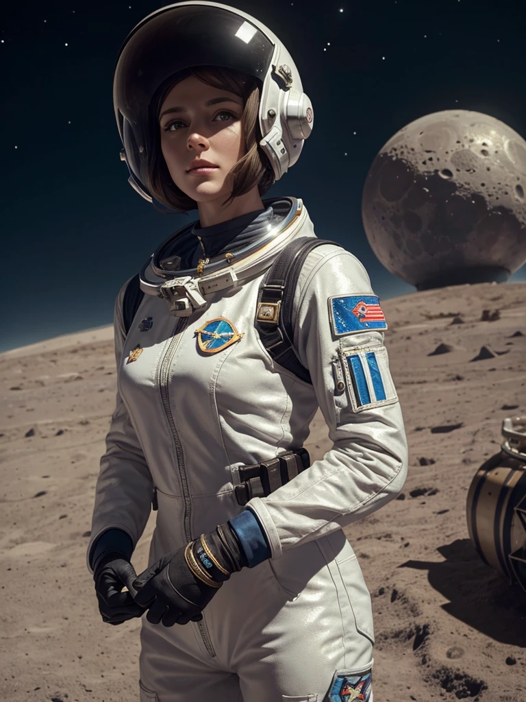 Eine epische Szene,Auf dem Mond, A beautiful female soviet Astronaut is in front her moonrover Mondlandschaft,,fotorealistisch, ultrarealistisch, hochdetailliert, von Greg Rutkowski und Jean Ansell ,glittering, She wears an astronaut suit with a helmet in various model positions, sowjetisch,