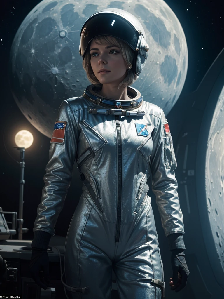 Eine epische Szene,Auf dem Mond, A beautiful female soviet Astronaut is in front her moonrover Mondlandschaft,,fotorealistisch, ultrarealistisch, hochdetailliert, von Greg Rutkowski und Jean Ansell ,glittering, She wears an astronaut suit with a helmet in various model positions, sowjetisch,