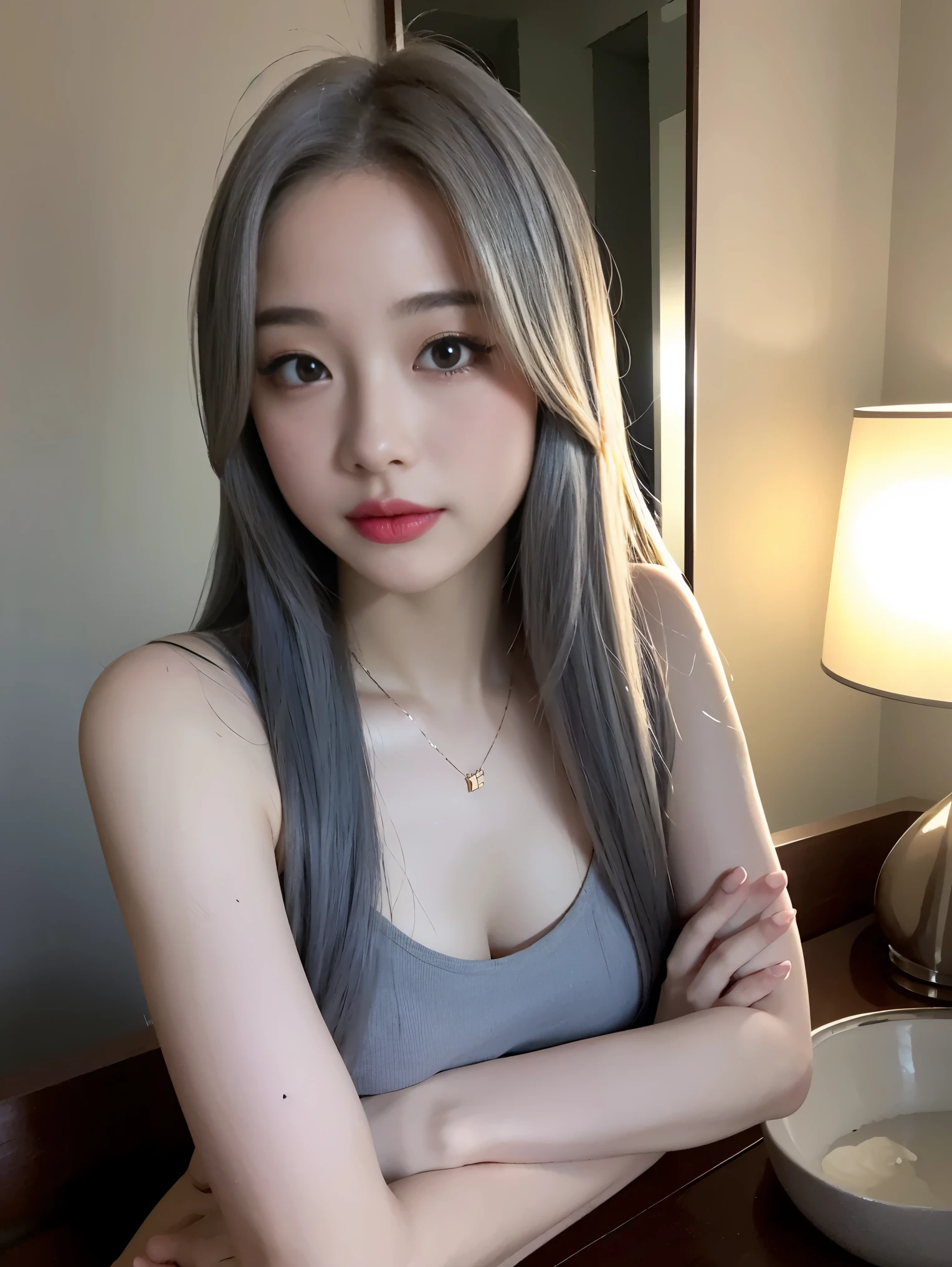 realistic, High resolution, 1 female, glowing skin, alone, wide lips,long hair,straight hair, hip up,saggy breasts,small face,Gray color hair,Color Contacts,Tank top,Washstand,selfie through the mirror,up angle,Lighting a dark room