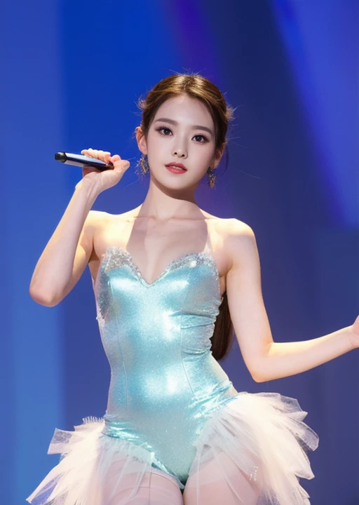 ballerina costume、Transparent、Take the stage、Posing、raise your hand、open chest、Nothing is worn inside、full body shot、A woman with the same face as last time(misaki),4K、1people's women、slender、 Loose wavy styling 、seductive and attractive,Including face and skin texture,detailed eyes、a seductive look