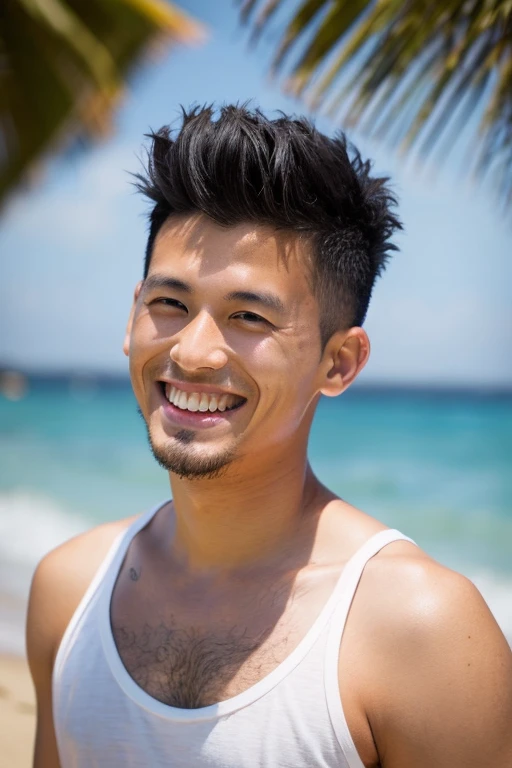 male　　ID photo　straight　Japanese　25 years old　　　soft mohawk hair　sunburn　dark skin　laughing　surfer