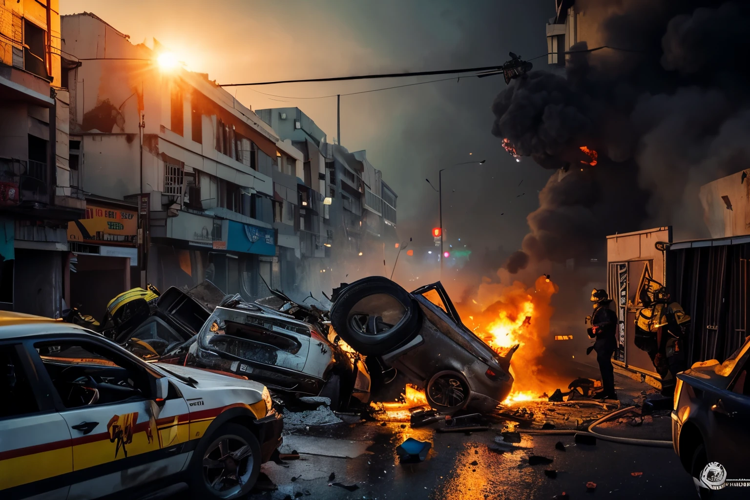 a car and a large truck head-on collision,horrifying,collision scene on the road,shattered glass,screeching tires,smoke,fire and explosion,chaotic scene,emergency lights and sirens,surrounded by debris and wreckage,shocked and frightened onlookers,emotional and intense moment,high-speed impact,metalic crunch,life-threatening situation,professional rescue team,brave firefighters and paramedics rushing to the scene,dramatic and dynamic composition,motion blur,realistic rendering of vehicles and surroundings,a sense of urgency,high-resolution,high-quality image,detailed and vibrant colors,dim lighting,highlighting the chaos,heavy smoke, adding an air of danger,emphasize the power and intensity of the collision,artistic portrayal of the tragic accident,attention to the crashed vehicles' damaged details,expressive and impactful artwork