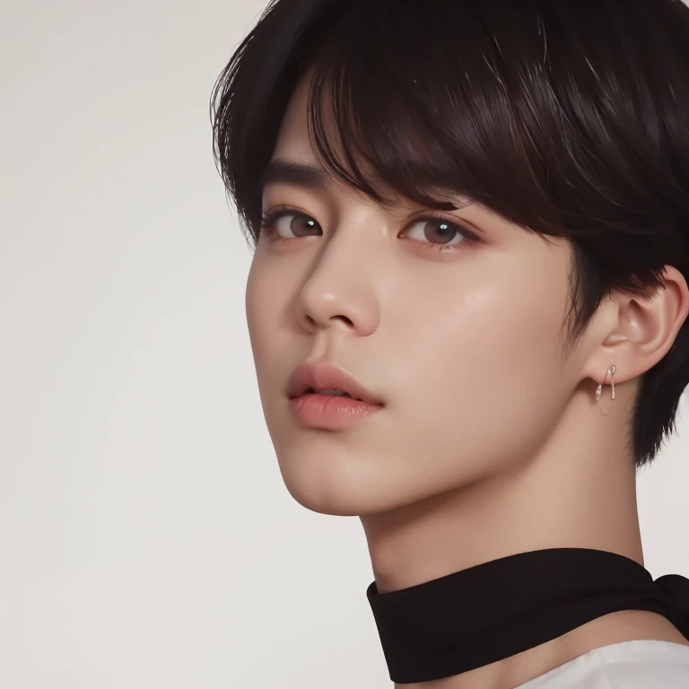 un primer plano de una persona con cuello negro y camisa blanca, Jimin\los labios carnosos, Jimin, Jimin\la nariz griega, park Jimin, accurate Jimin face, inspirado en Yanjun Cheng, kpop idol portrait, Jimin\his right eyelid is swollen, [ arte digital 4k ]!!, fotorrealista!!!!!!! Estilo de Arte, retrato de ultra realista