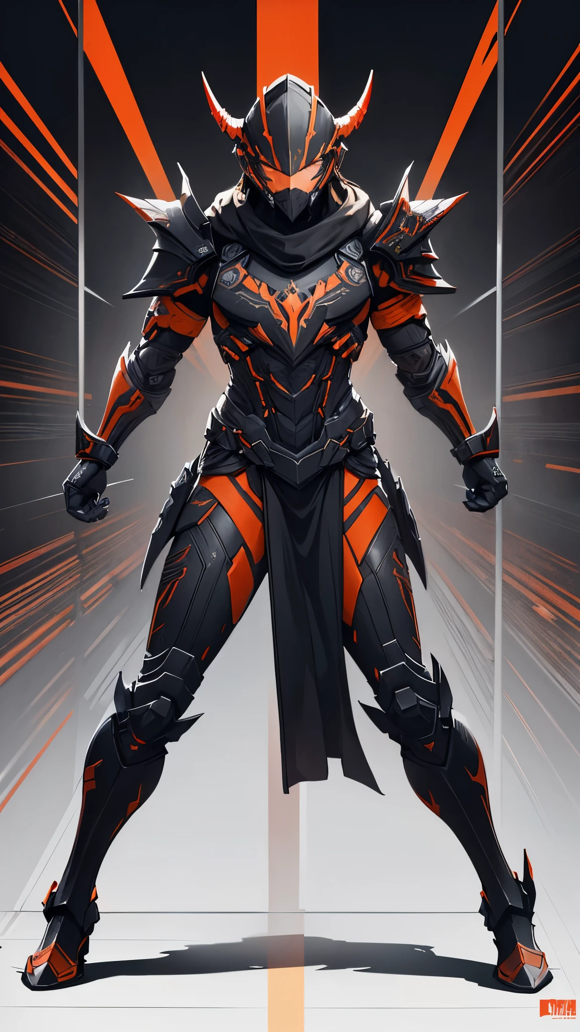 commercial style shot, (Spartan warrior action figure in warframe style armor with black sword), (red black and orange color scheme), (Ram-style horned Spartan helmet with black flowing cloak), plastic material with metal coating, (solid color background), Centered, full body shot, (dynamic action stance pose), black round stand base, Bright colors, visible diagram joints, cinematic shots, volume lighting, Complex pattern details, very detailed