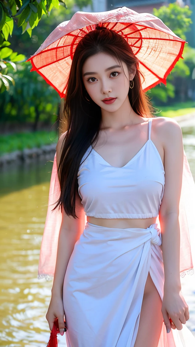wallpaper of a girl in the rain, in the style of chinese cultural themes, softly luminous, 32k uhd, feminine body, dark pink and light gray, beach portraits, barbizon schoola girl in a white outfit is seen in the rain, in the style of light red and light pink, chinapunk, detailed facial features, i can't believe how beautiful this is, hyper-realistic water, cottagecore, chinese cultural themes