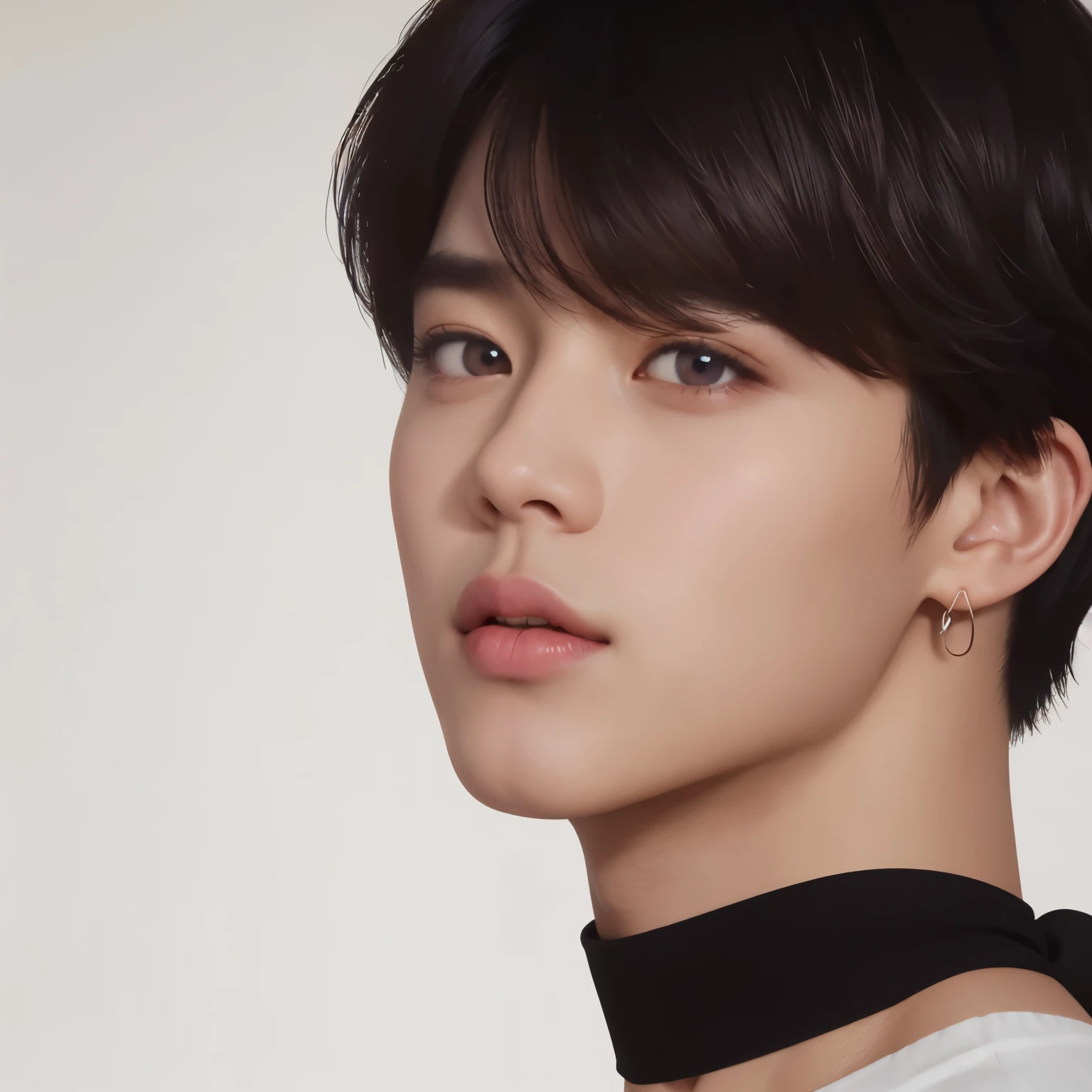 un primer plano de una persona con cuello negro y camisa blanca, Jimin\los labios carnosos, Jimin, Jimin\la nariz griega, park Jimin, accurate Jimin face, inspirado en Yanjun Cheng, kpop idol portrait, Jimin\his right eyelid is swollen, [ arte digital 4k ]!!, fotorrealista!!!!!!! Estilo de Arte, retrato de ultra realista