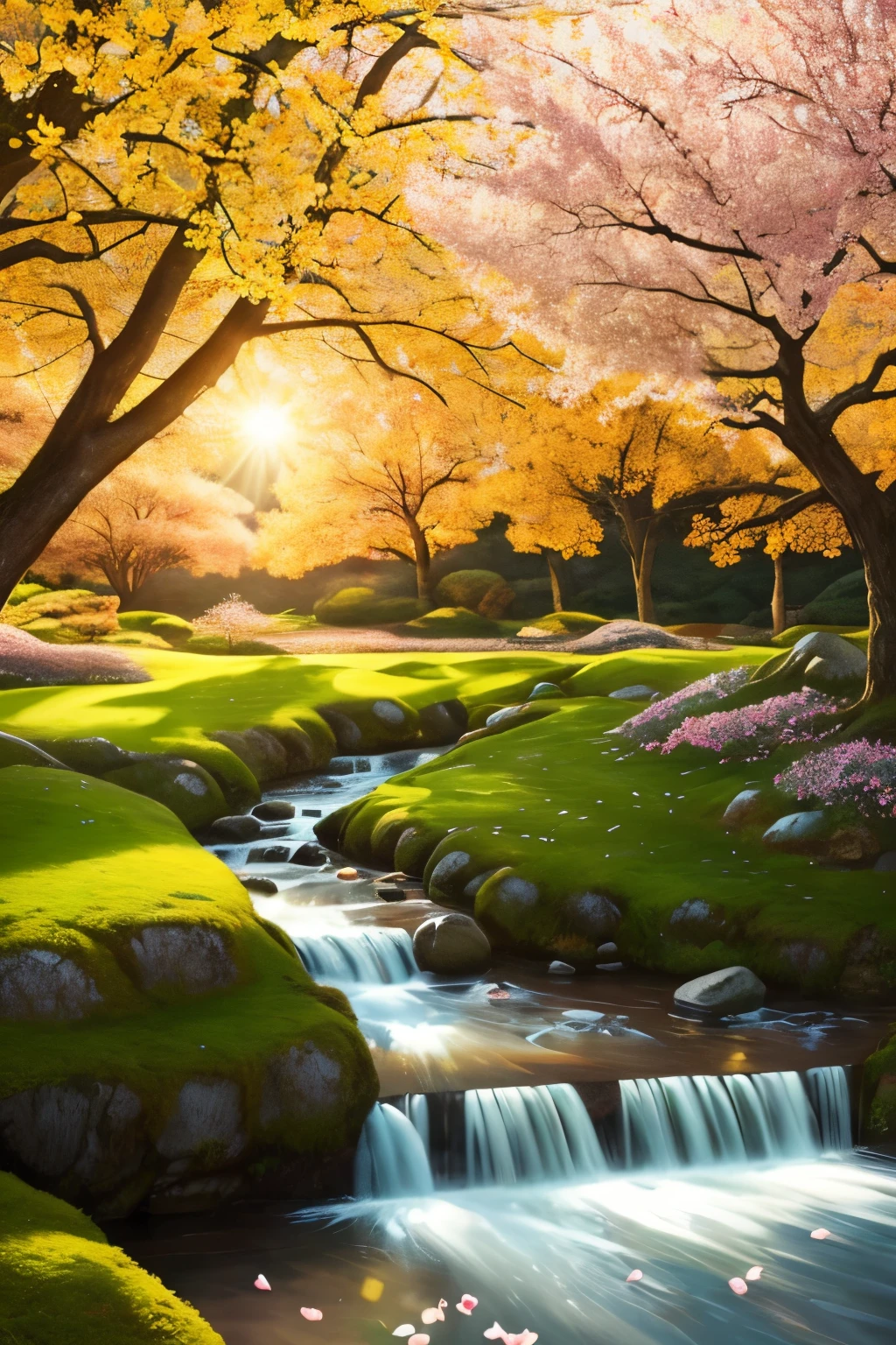 A captivating image of a serene spring scene, filled with the emergence of new life and the soothing whispers of nature. The wall, textured with age-old green moss and intricately patterned wood grains, stands as a testament to the passage of time. In the foreground, a vibrant red apricot tree blooms, its delicate blossoms spreading a sweet fragrance through the air. The sunlight filters in, casting the scene in a warm, golden glow, while the minimalist background keeps the focus on the symphony of colors and textures at play. This illustration, created with a hyper-realistic approach, offers a seamless, high-definition blend