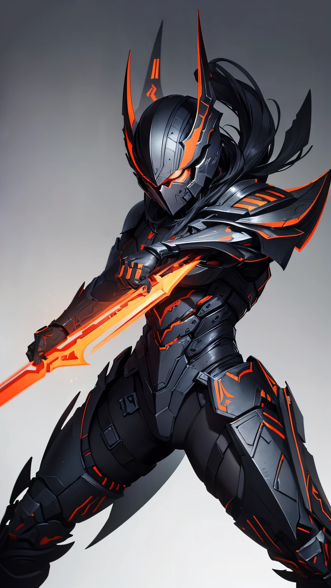 commercial style shot, (Spartan warrior action figure in warframe style armor with black sword), (red black and orange color scheme), (Ram-style horned Spartan helmet with black flowing cloak), plastic material with metal coating, (solid color background), Centered, full body shot, (dynamic action stance pose), black round stand base, Bright colors, visible diagram joints, cinematic shots, volume lighting, Complex pattern details, very detailed