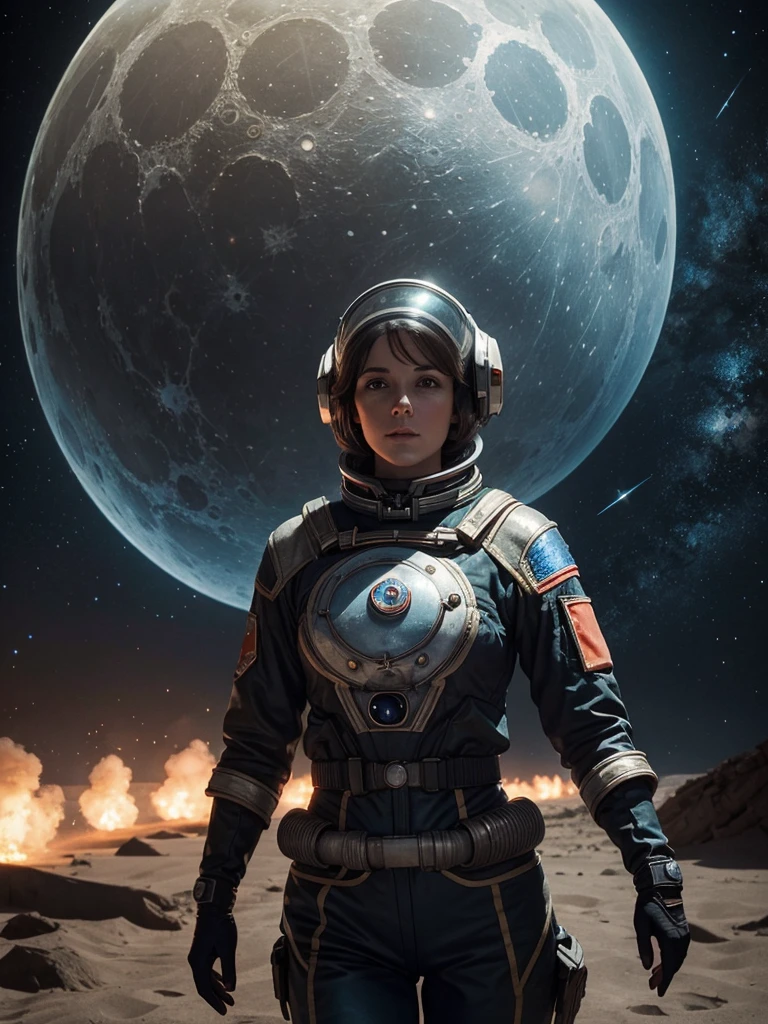 photo,, A beautiful female soviet kosmonaut is in front her moonrover  Mondlandschaft,,fotorealistisch, ultrarealistisch, hochdetailliert, von Greg Rutkowski und Jean Ansell ,glittering, in verschiedenen Modellpositionen, sowjetisch,