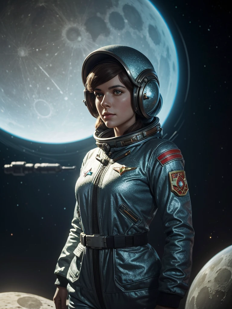 photo,, A beautiful female soviet kosmonaut is in front her moonrover Mondlandschaft,,fotorealistisch, ultrarealistisch, hochdetailliert, von Greg Rutkowski und Jean Ansell ,glittering, in verschiedenen Modellpositionen, sowjetisch,