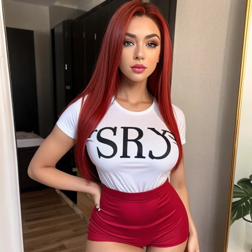 One female, Posing for pictures standing in front of a mirror, hyper realistic, white European British woman, beautiful face, fire red hair, long straight hair, medium make up, green eye color, bright red smokey eyeshadows, huge eyelashes, red lips, big breasted, body figure slim thick , wearing t shirt. From behind