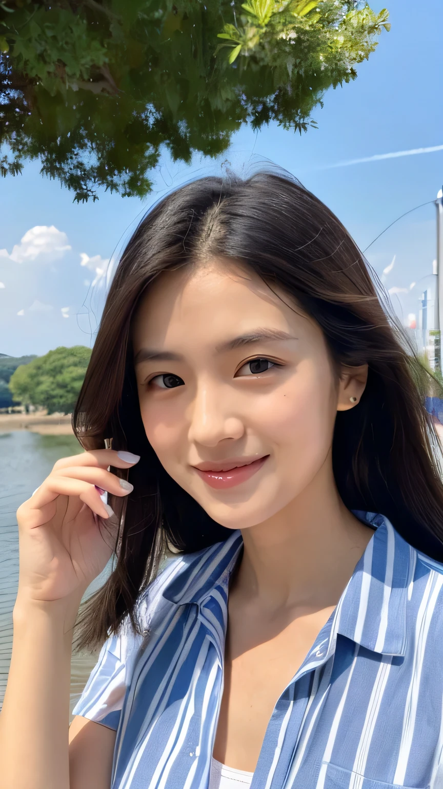(half body shot:1.4), hyper realism, (Photoreal:1.4), 8K, maximum resolution, (masterpiece), very detailed, highest quality, sophisticated facial features, The most beautiful woman in Japan, Detailed beautiful eyes and lips, Canon R5 50mm, Nogizaka, (japanese idol:1.3), smile, big breasts, Casual striped button-down shirt and khaki shorts, Relaxed, every day, lakeside picnic, clear blue sky,
