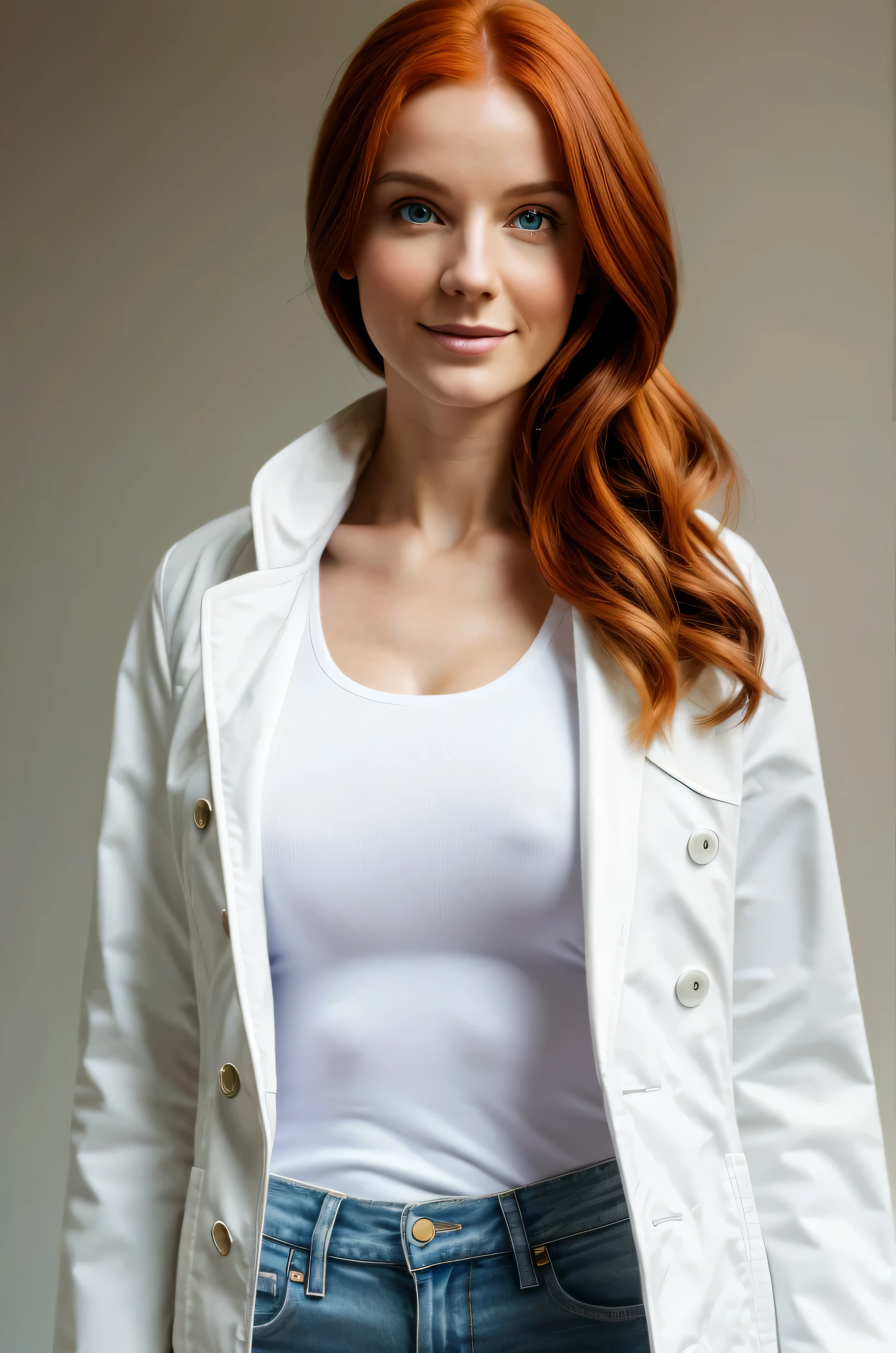 Best Quality, 4k, Masterpiece, Art, Anthropomorphic white fox, not human, not human, Not a human face, Correct anatomy, The Right Perfect Fingers, white coat, redhead hair,,,,, White clothes, white top,Jeans (White), jacket (White), fursona art, beautiful breasts (Covered), Simple White Background, White White, green pupils, sly look, ssmile