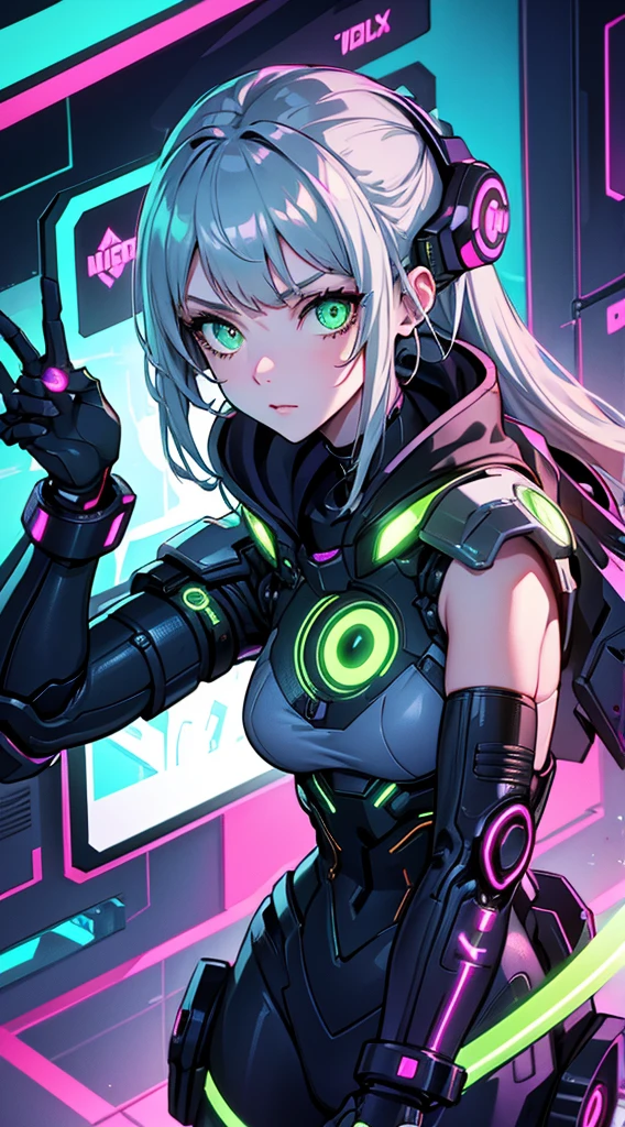cyborg girl, robot hand, green eyes, cyberpunk city background, neon light, grey hair, masterpiece, ultra high details