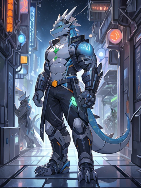 male, muscular, synthesizer (Widersan), , cyborg, Android, dragon, 银dragon, 机器dragon, lizard, Silver lizard, Robo lizard, Cyber city, futuristic city, full body portrait，Correct proportioning