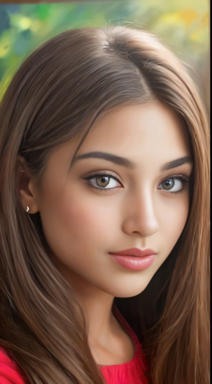 A close up of a woman with long hair and a red shirt - SeaArt AI