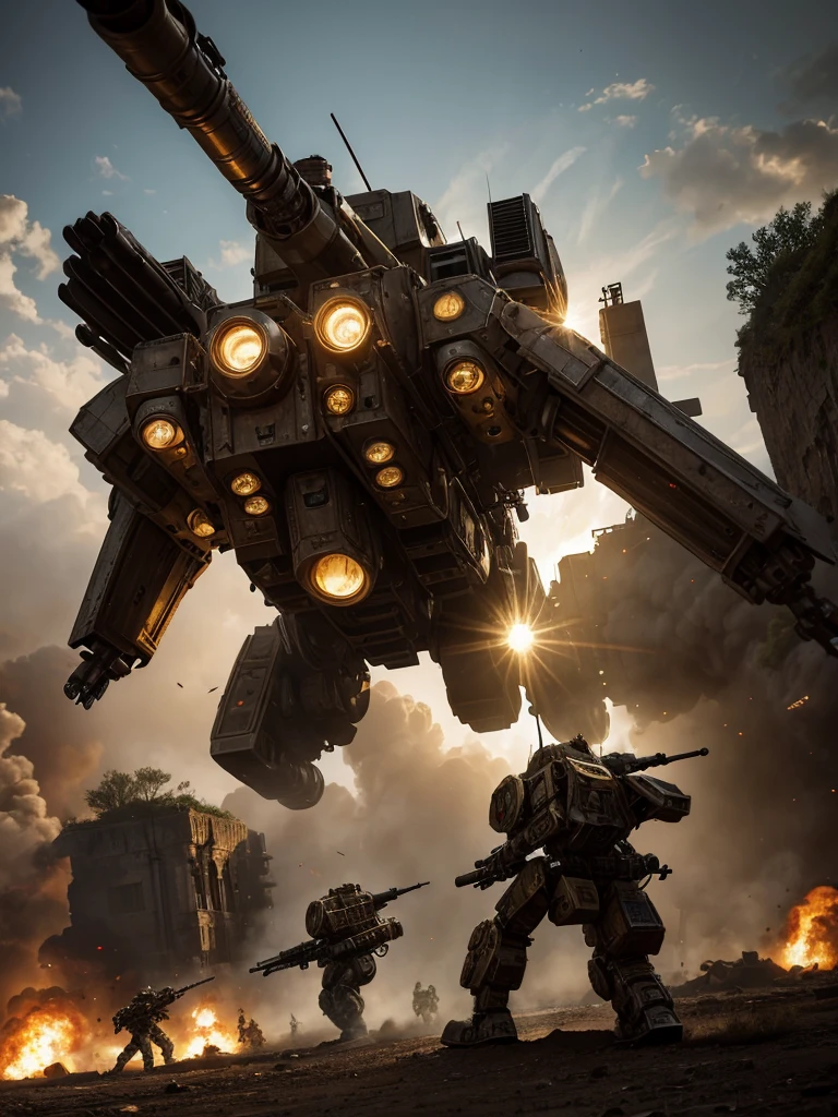 epic scene of a steampunk war ,high detailed,fotorealistisch,mechwarrior,shiny,dynamic lights,soldiers,