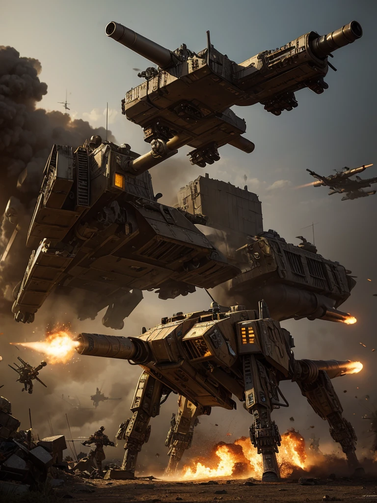 epic scene of a steampunk war ,high detailed,fotorealistisch,mechwarrior,shiny,dynamic lights,soldiers,