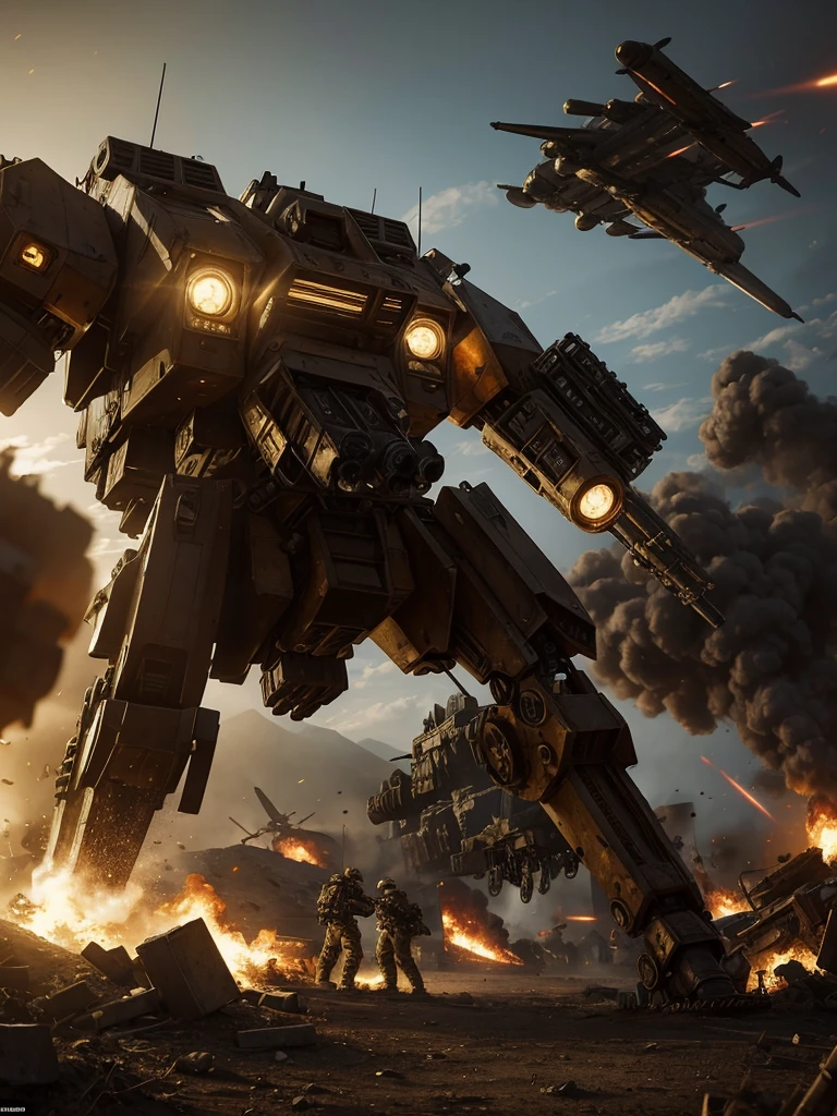 epic scene of a steampunk war ,high detailed,fotorealistisch,mechwarrior,shiny,dynamic lights,soldiers,