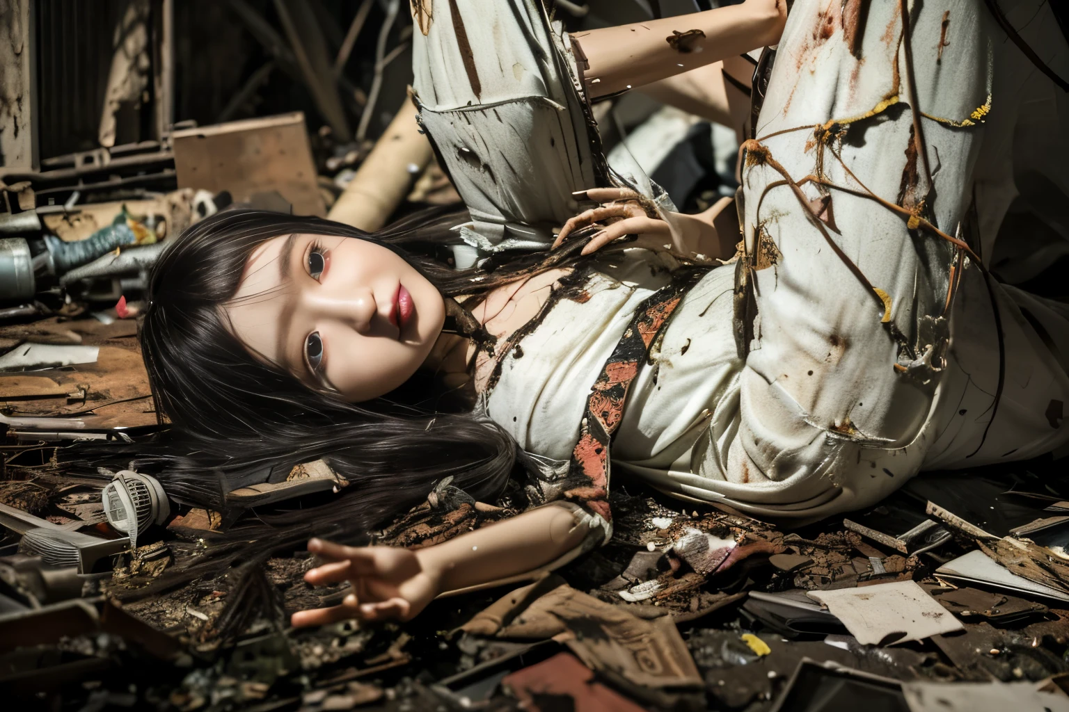 Girl captured by tentacles in abandoned factory　Tentacles in a skirt　Pants fabric texture　