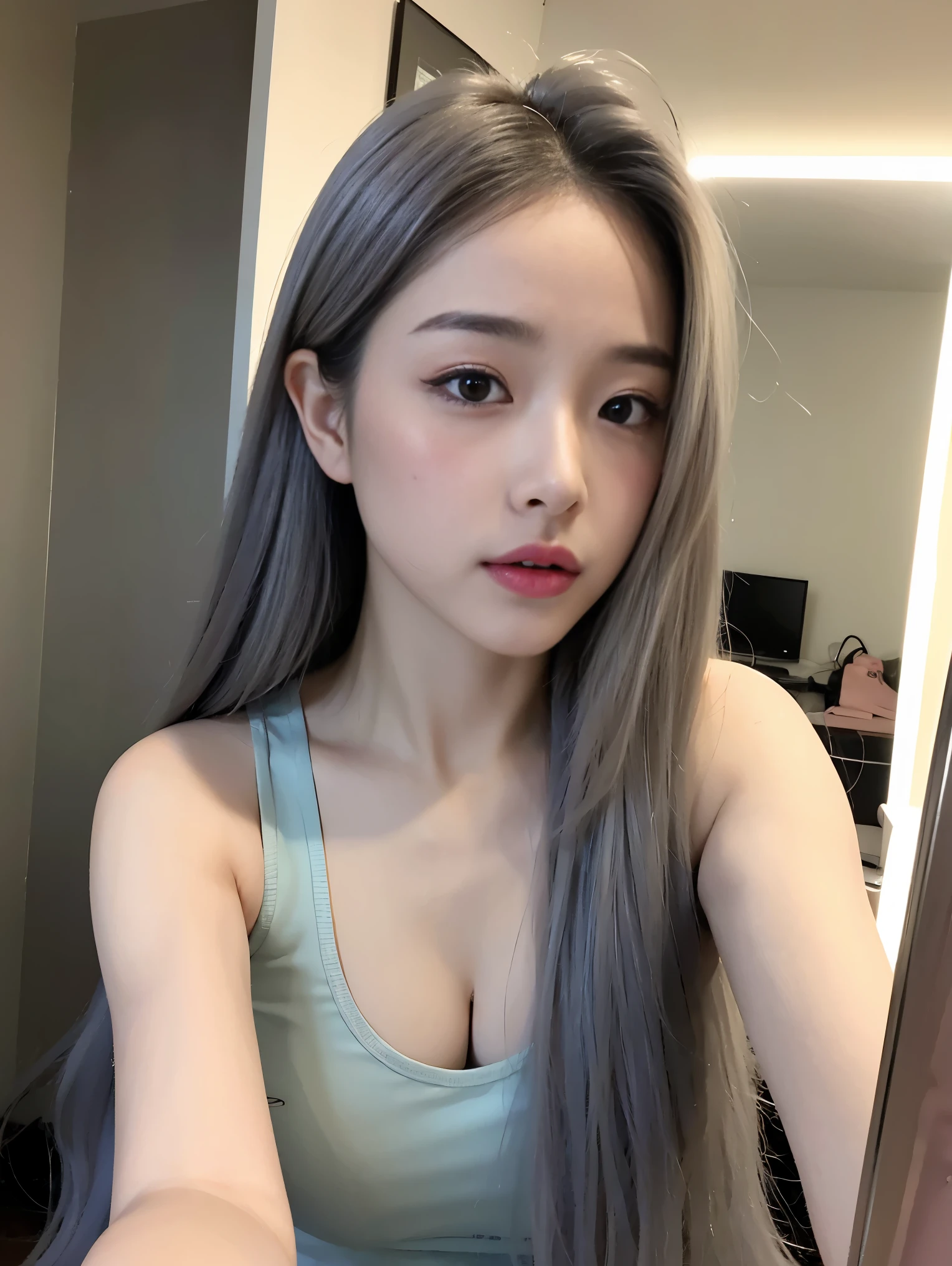 realistic, High resolution, 1 female, glowing skin, alone, wide lips,long hair,straight hair,saggy breasts,small face,Gray color hair,Color Contacts,Tank top,room,selfie through the mirror,up angle,暗いroomに照明,K-pop Idol