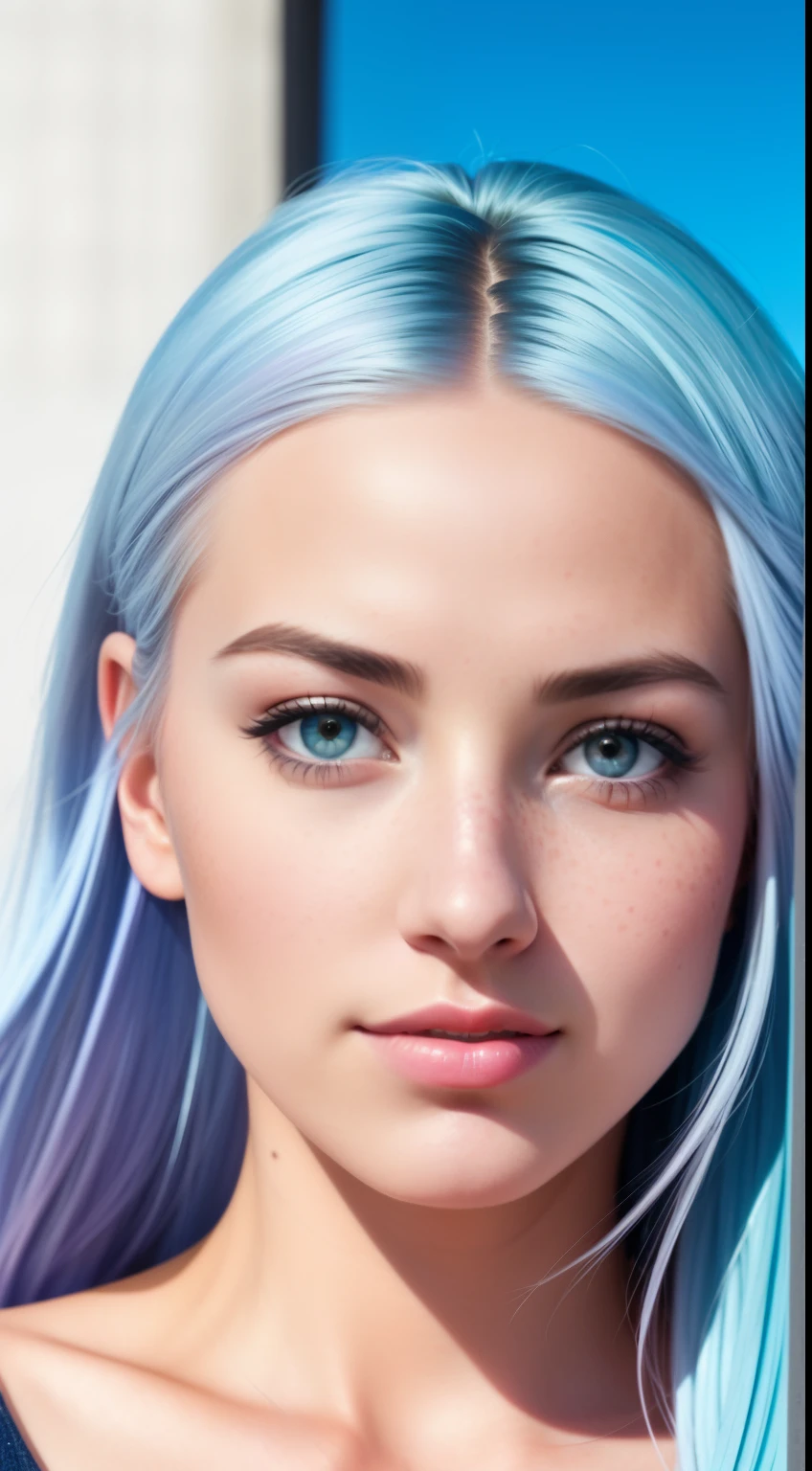 A close-up image of a beautiful 25-year-old girl, her pastel-colored hair framing her captivating eyes, exudes a sexy allure. The intricately detailed photograph, taken with a DSLR camera, is captured in 8k and 4K ultrahigh definition. The natural texture of her skin shines under the sun, with every pore, line, and freckle faithfully represented in hyper-realistic detail. Her full, lush bosom catches the sunlight, casting dramatic shadows against the clear blue sky. The dynamic angle of the shot adds a sense of vitality and energy to the scene, making this photograph a true masterpiece. [