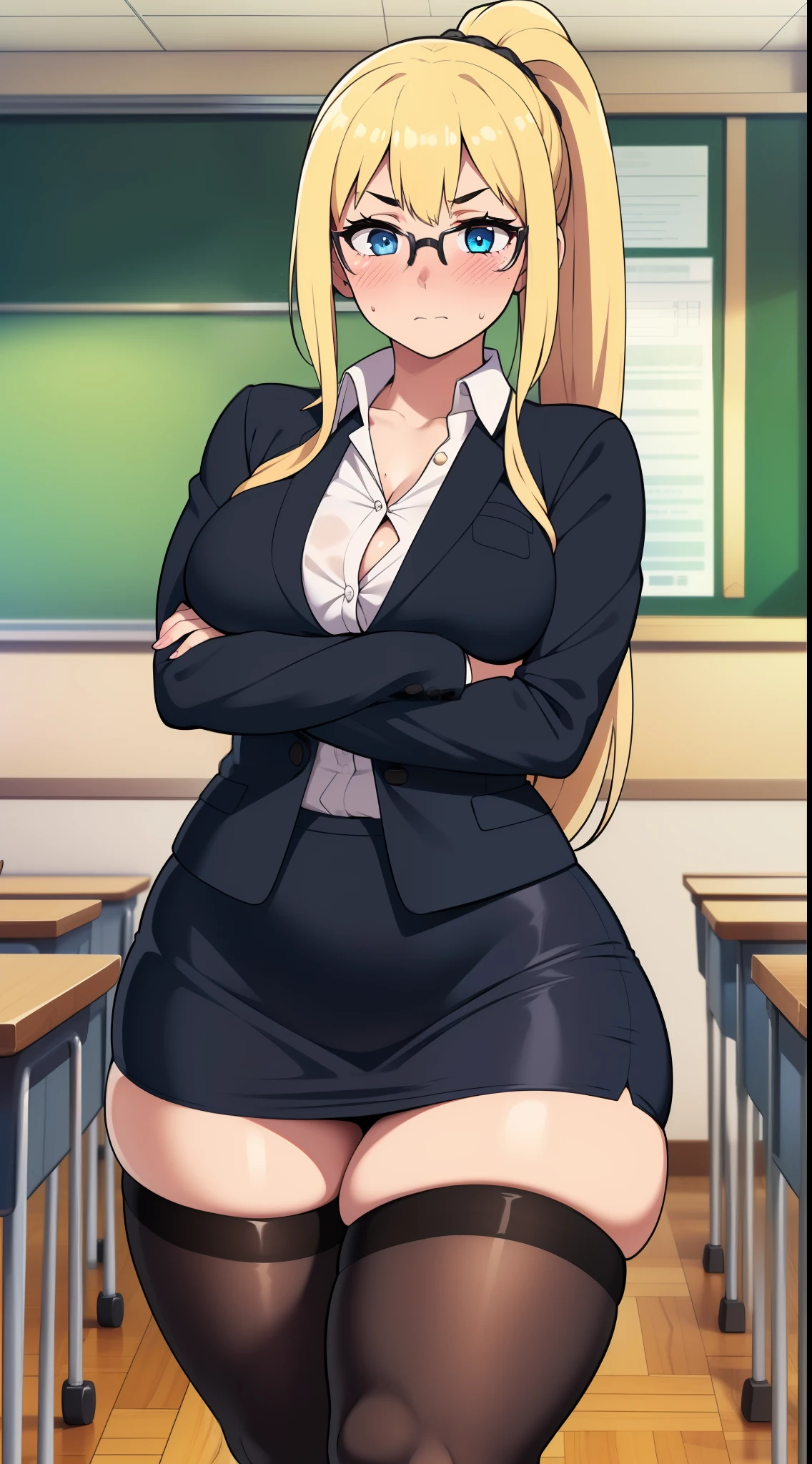 ((highres)),Masterpiece, high quality, best quality, beautiful, perfect lighting, detailed face, ultra cute face, ((1girl)), ((solo), long blonde hair, ponytail, blue eyes, glasses, ((blush)), nervous, masochist, looking at viewer, arms crossed, standing in a classroom, (classroom), daytime, dress shirt, pencil skirt, ((thigh highs)), wide hips, thick thighs, medium breasts, perky breasts, 24 year old female,