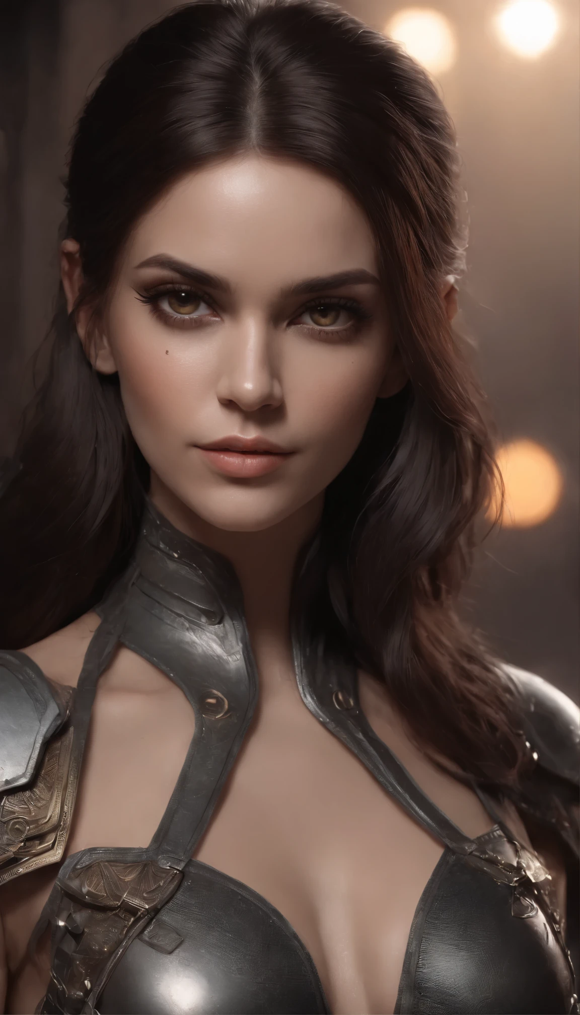 Beautiful cyborg warrior woman in rusty magic style, aumento cyberpunk, Cyber Software, ciborgue, fibras de carbono, cromar, Implantes, metal skull, Cyber Plate Armadura, (atmosfera escura:1.2), (nevoeiro & smoke billowing), (It's dark night:1.3), As cicatrizes, (medium length shaggy dark hair:1.1), (sombras para os olhos:1.1), (brilho lindamente detalhado:1.2), (Cinematic lighting), detalhes intrincados, A high resolution, olhos arredondados, detailed facial features, foco nítido, liso, aesthetic, Fundo escuro detalhado da planta industrial, pose estilosa, dynamicposes, (dramapaint)