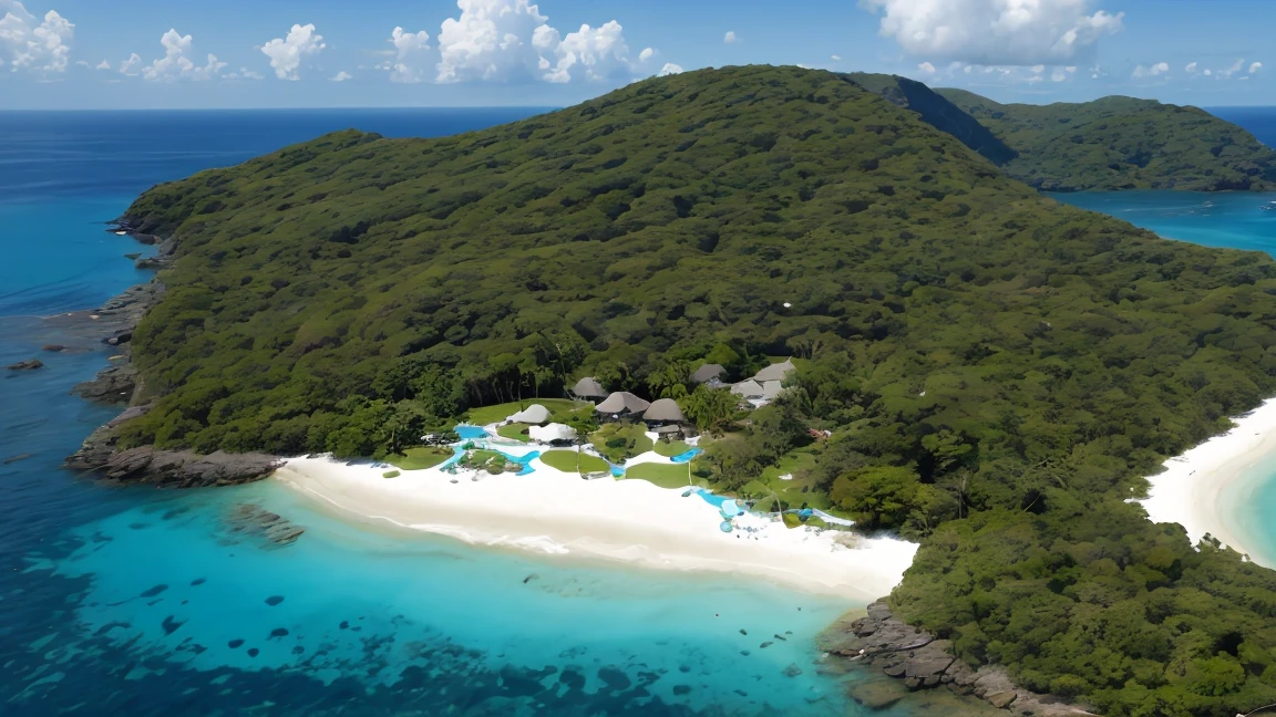 (shot from above, shot from far away), island resort at the edge of the island, lush vegetations clear blue sea, contrast, vibrant