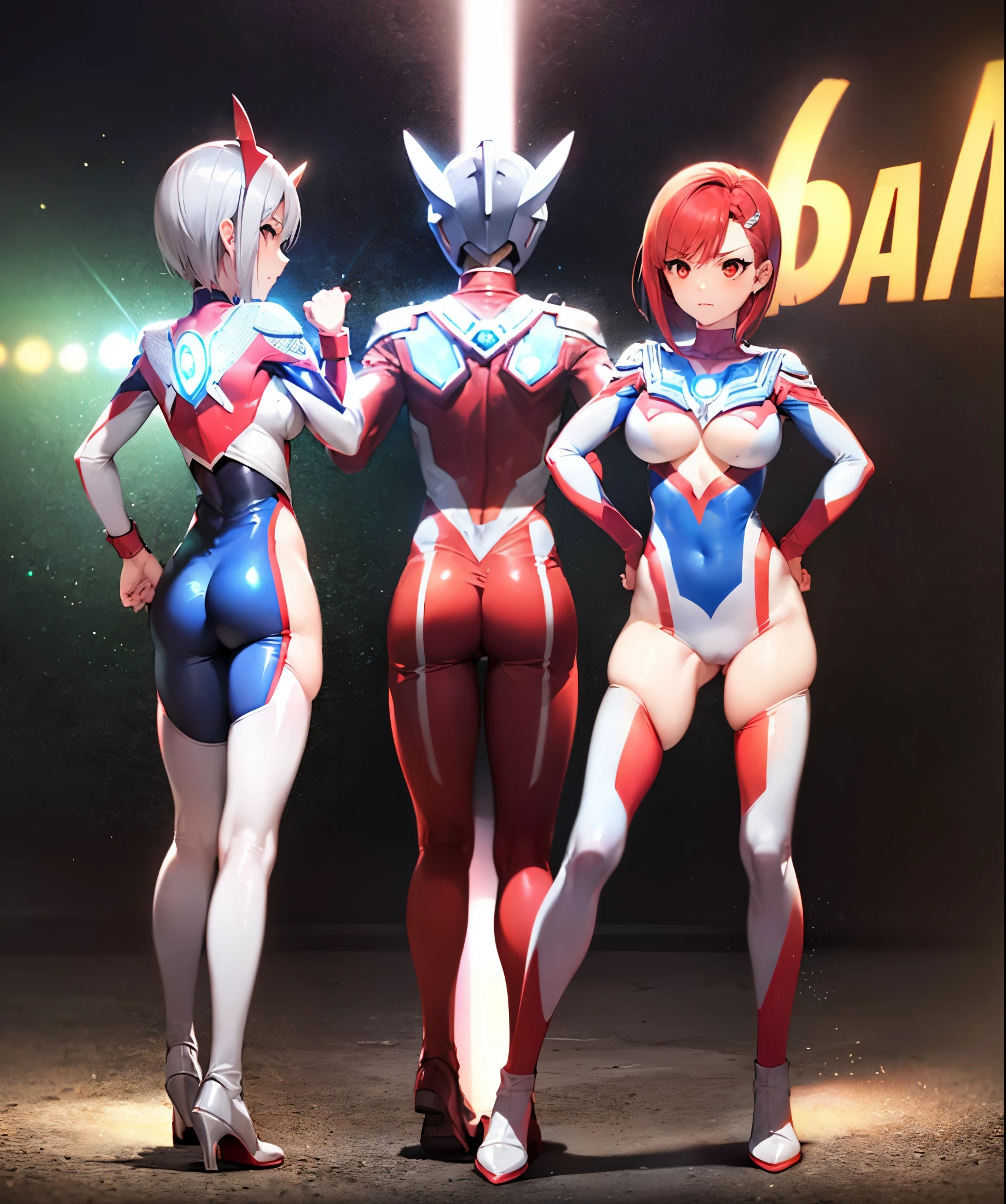 1 female,(bright red hair:1.5),short bob,red eyes, (Ultra Girl :1.0), (silver and red ultraman bodysuit:1.4),big breasts,(Put your hands on your hips:1.1),(fist:1.1),(Turn your back to your audience:1.3),(back view:1.2),(butt:1.2)