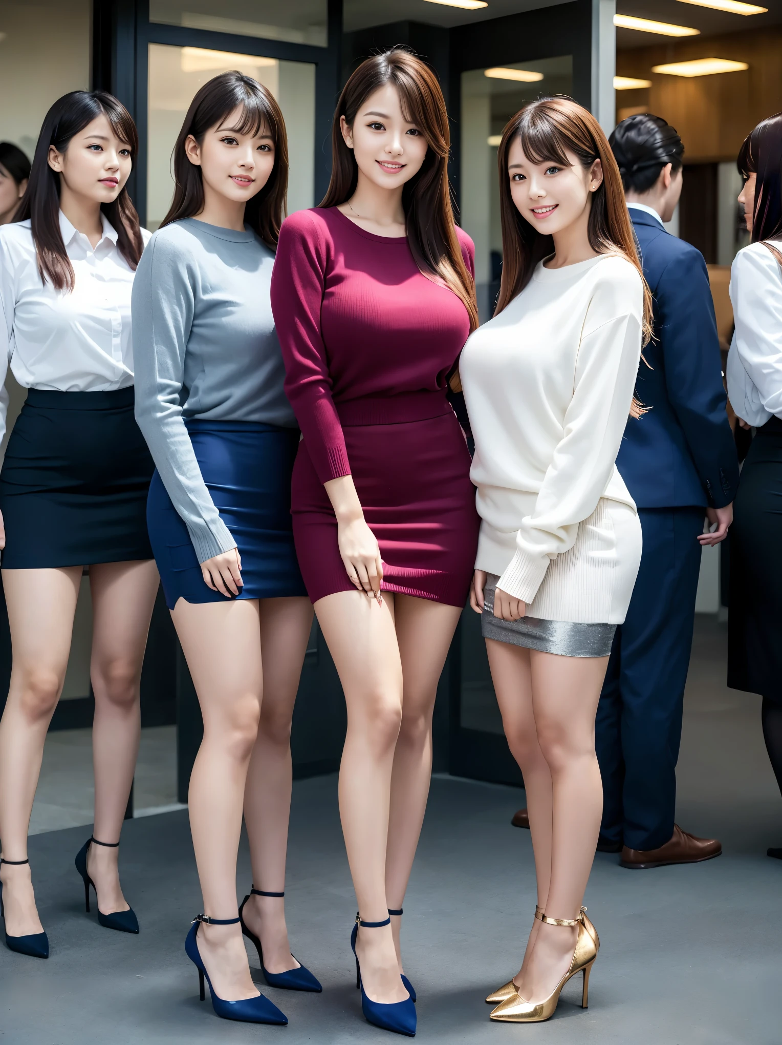 (Best Quality, Masterpiece, Photo realistic, Ultra Detailed, ultra high res, raw:1.3), (5 girls+, group shot:1.2), beautiful, Japanese, office workers, (tight knit sweater, mini-skirt), ({gold| silver| wine red| blue| navy| pink} clothes:1.3), (smile), long hair, (bangs), high-waist, necklace, (at IT office), (long legs, high heels, full body:1.2), (big breasts:1.3), (crowd)