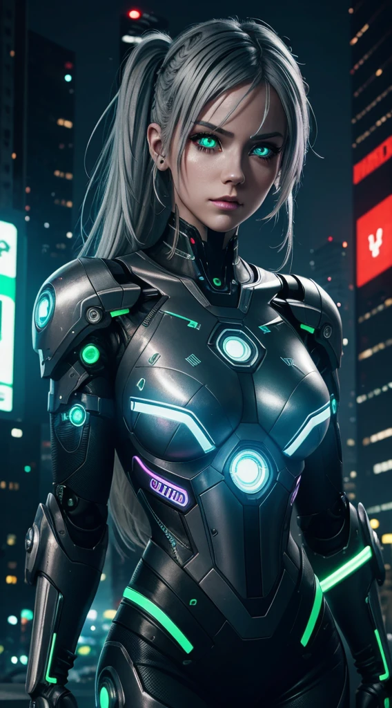 cyborg girl, robot hand, green eyes, cyberpunk city background, neon light, grey hair, masterpiece, ultra high details