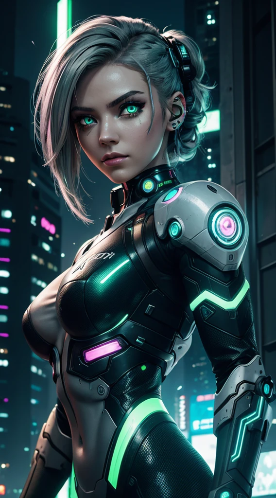 cyborg girl, robot hand, green eyes, cyberpunk city background, neon light, grey hair, masterpiece, ultra high details