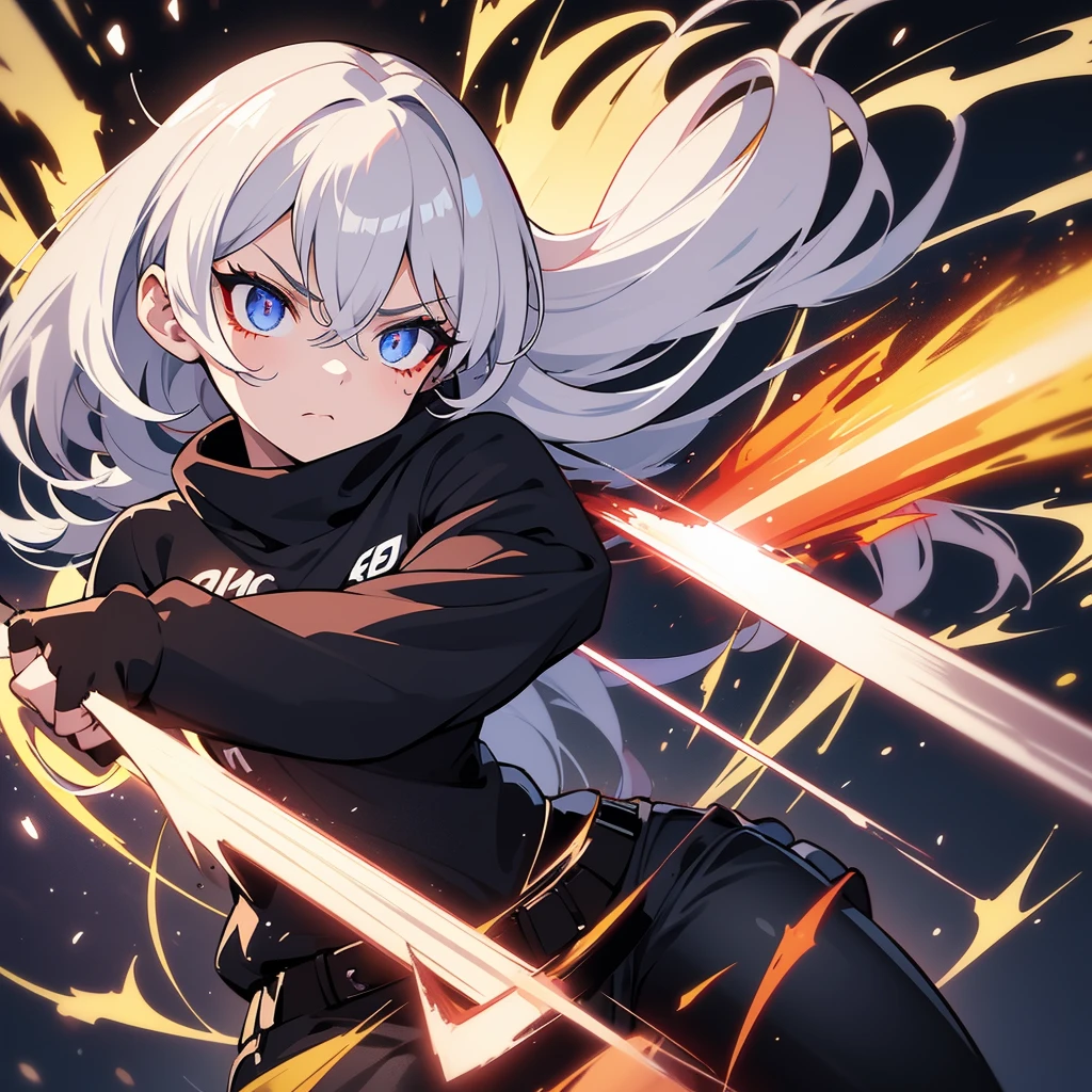 Fighting girl, epic, with particles, HD, 8k, white hair, with black cape, line marks on the face, serious face, closed mouth, casual pose, hands in Bruce Lee position, tactical pants, black hood, black lines under eyes, black polar diver, eyes with marked rings, detailed face, blood on the lips, full body,