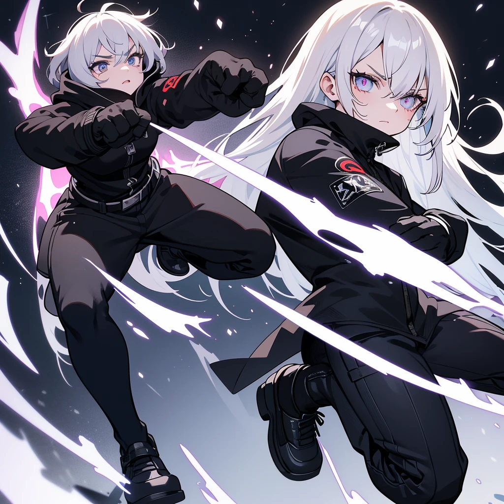 Fighting girl, epic, with particles, HD, 8k, white hair, with black cape, line marks on the face, serious face, closed mouth, casual pose, hands in Bruce Lee position, tactical pants, black hood, black lines under eyes, black polar diver, eyes with marked rings, detailed face, blood on the lips, full body,