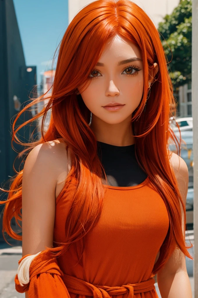 hay una mujer pelirroja y con un vestido rojo hablando por un celular, cabello naranja brillante, pelo naranja, bright pelo naranja, long pelo naranja, she has long redpelo naranja, long wavy pelo naranja, She has long orange-brown hair., Piel de naranja y pelo largo y ardiente., naranja extremadamente coherente, Vibrant but gloomy orange, Halo naranja alrededor de su cabeza