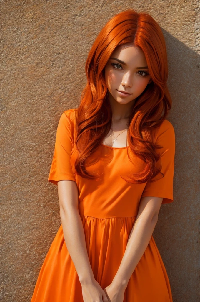 hay una mujer pelirroja y con un vestido rojo hablando por un celular, cabello naranja brillante, pelo naranja, bright pelo naranja, long pelo naranja, she has long redpelo naranja, long wavy pelo naranja, She has long orange-brown hair., Piel de naranja y pelo largo y ardiente., naranja extremadamente coherente, Vibrant but gloomy orange, Halo naranja alrededor de su cabeza