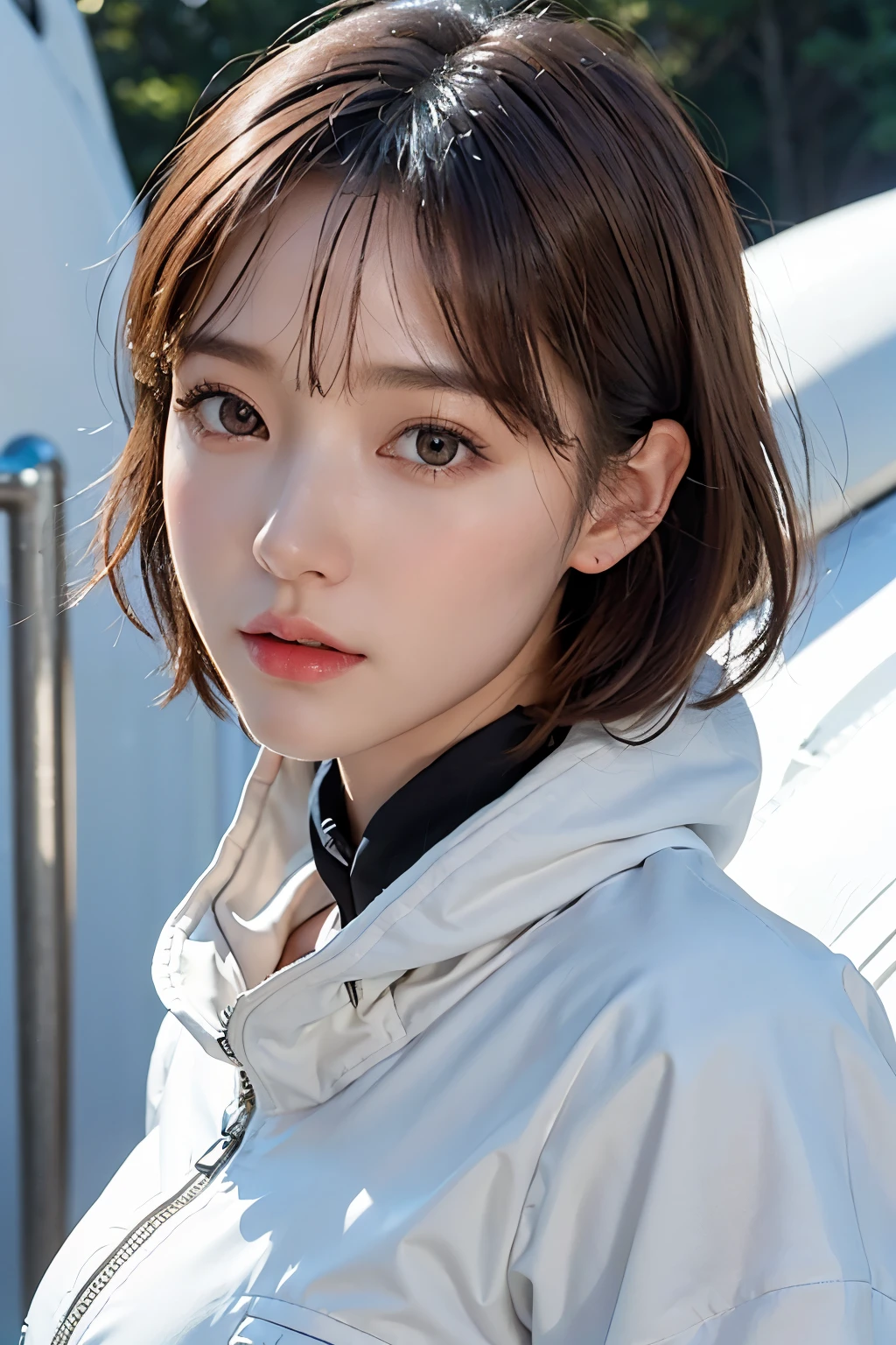 highest quality、masterpiece、ultra high resolution、(real:1.4)、Beautiful woman1、Beautiful details of eyes and skin、light brown short cut hair、The perfect spacesuit、Cold、spaceship、snow原、cloudy sky、snow、