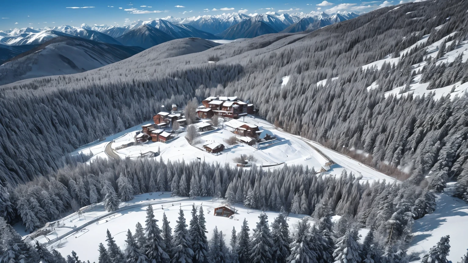(shot from above), mountain ski resort at the edge of the mountain range, heavy snow with sparse vegetations, contrast, vibrant