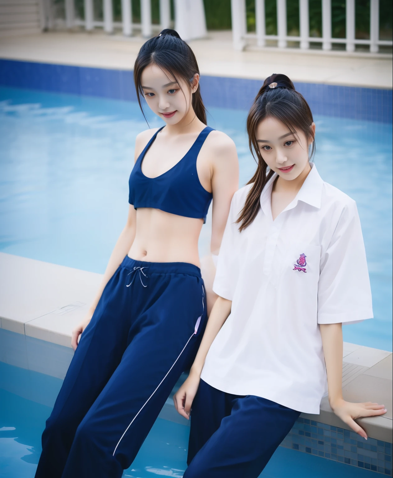 2 girls in the swimming pool, black underwear,Navy Long Trackpant,Sweatpants, Sweatpantsขายาว,25 year old girl, lesbian, sexy, exercise clothes, wet body