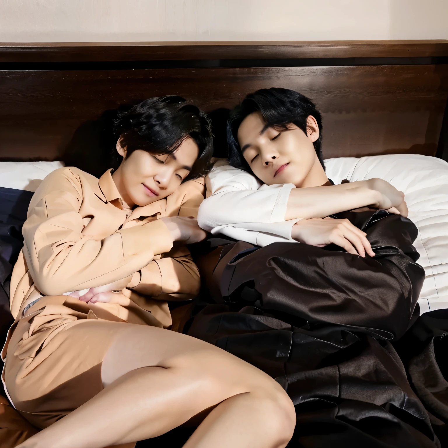 Kim taehyung and min yoongi sleeping cuddling together in bed