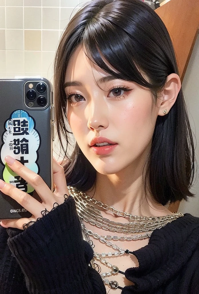 There's a woman taking a selfie with her phone, jaeyeon nam, Lee Ji-eun, Lee Ji-eun, young pale and beautiful asian face, Jinyoung Shin, Heonhwa Choe, Ulzzang, o corte Hime, iu Lee Ji-eun as a super villain, corte de cabelo preto hime, sui ishida com cabelo preto, Kim Doyoung