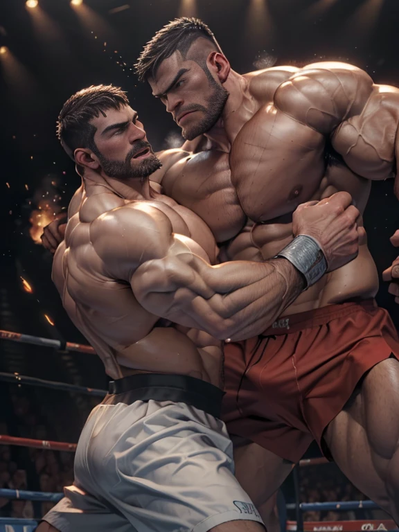 Cinematic Snapshot, (Two men in the ring, Fights without rules, A tense moment, active action, 2 senior muscle beard men are beating each other (black hair and brown hair), cinematic quality, 电影灯光, high resolution, Maximum photorealism, maximum definition, manly fight atmosphere, perfect muscle anatomy, perfect boxing choreograph.