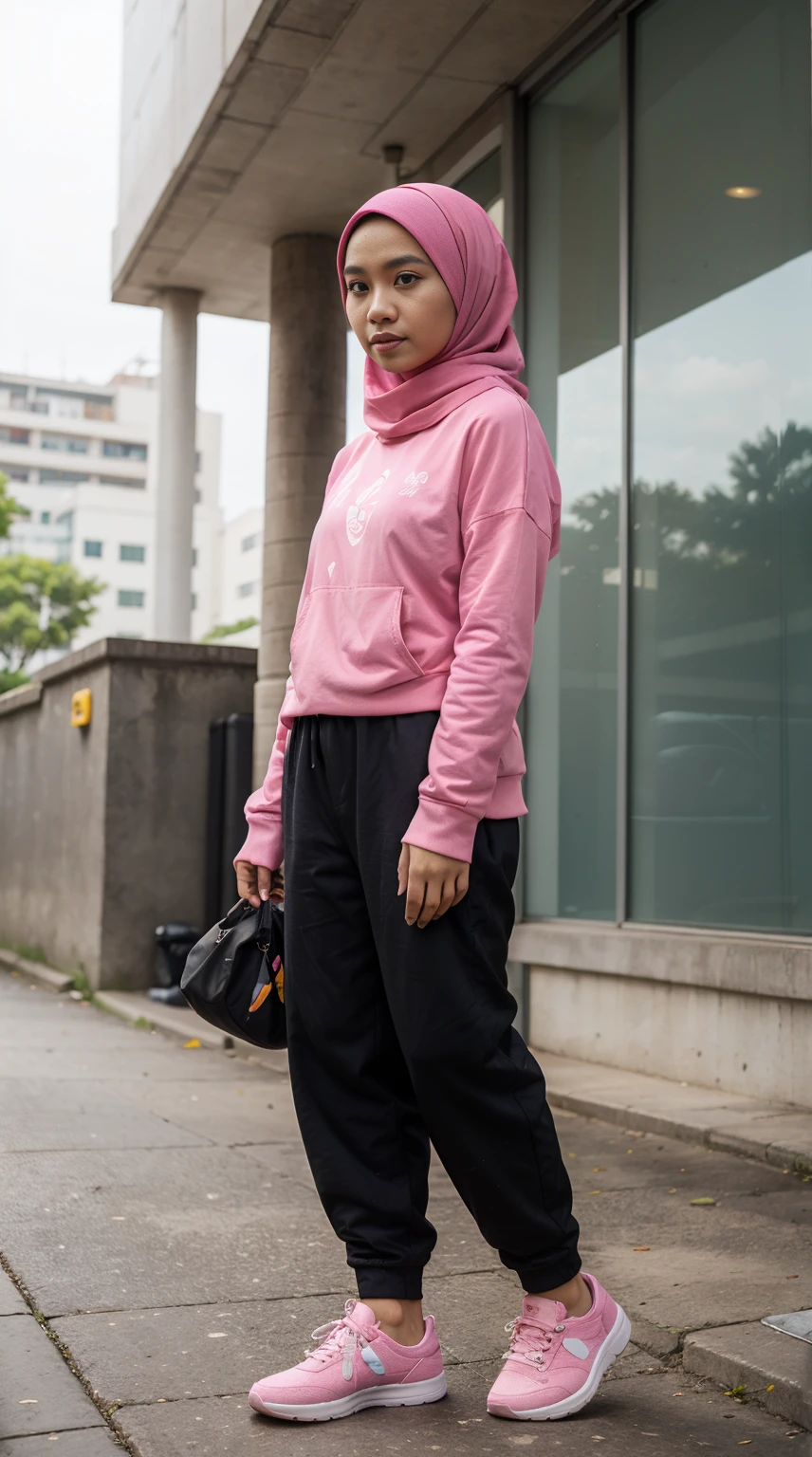 cute Malay girl with long hijab,wearing baggpy pants,standing,wearing pink sneakers