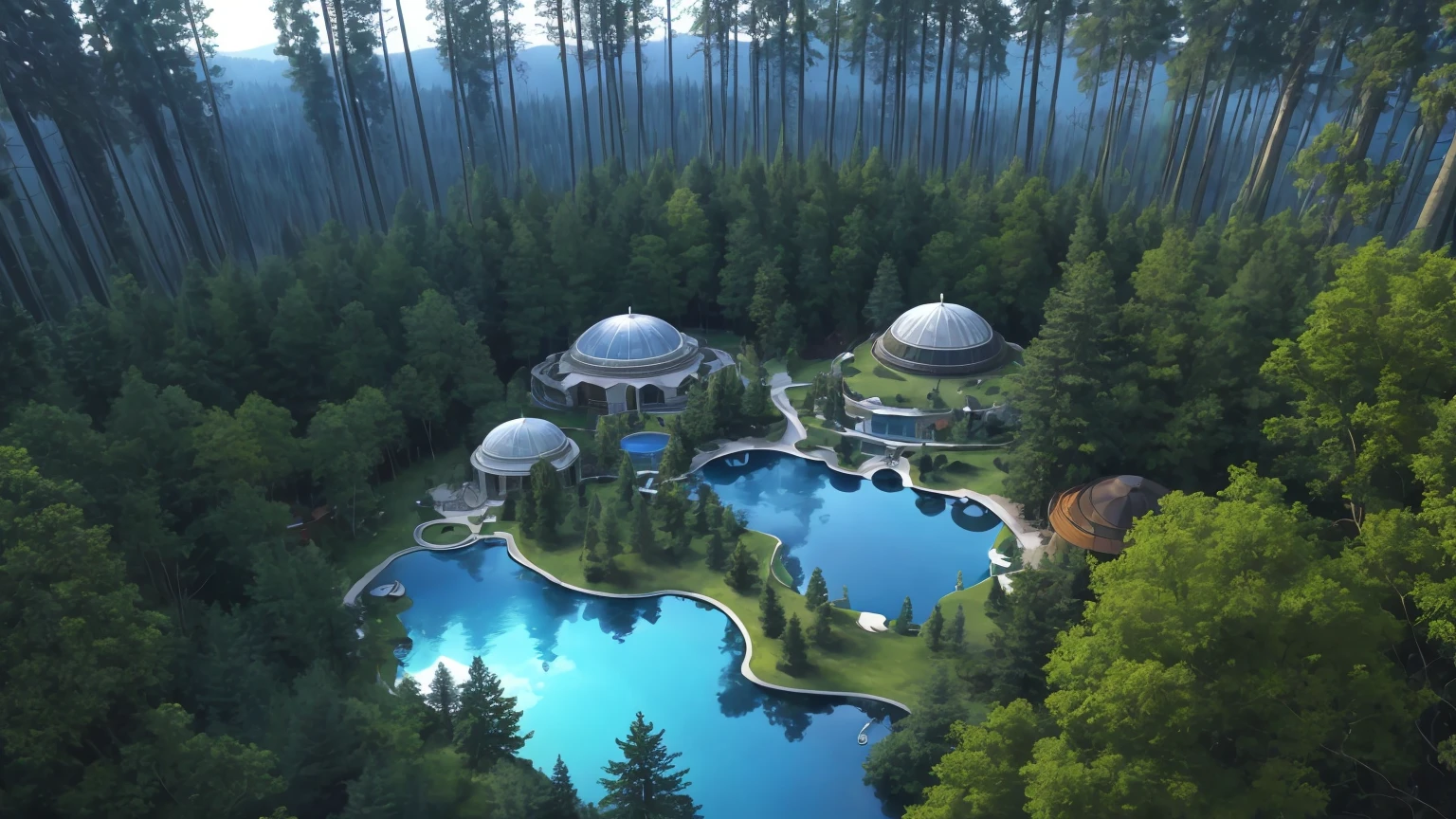 (shot from above), luxury resort on the moon under the glass dome, man made forest and lake, contrast, vibrant